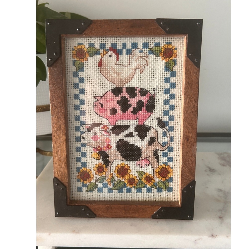 Vintage Framed Cross Stitch Farm Animals Cow Pig Rooster Sunflowers Rustic Decor